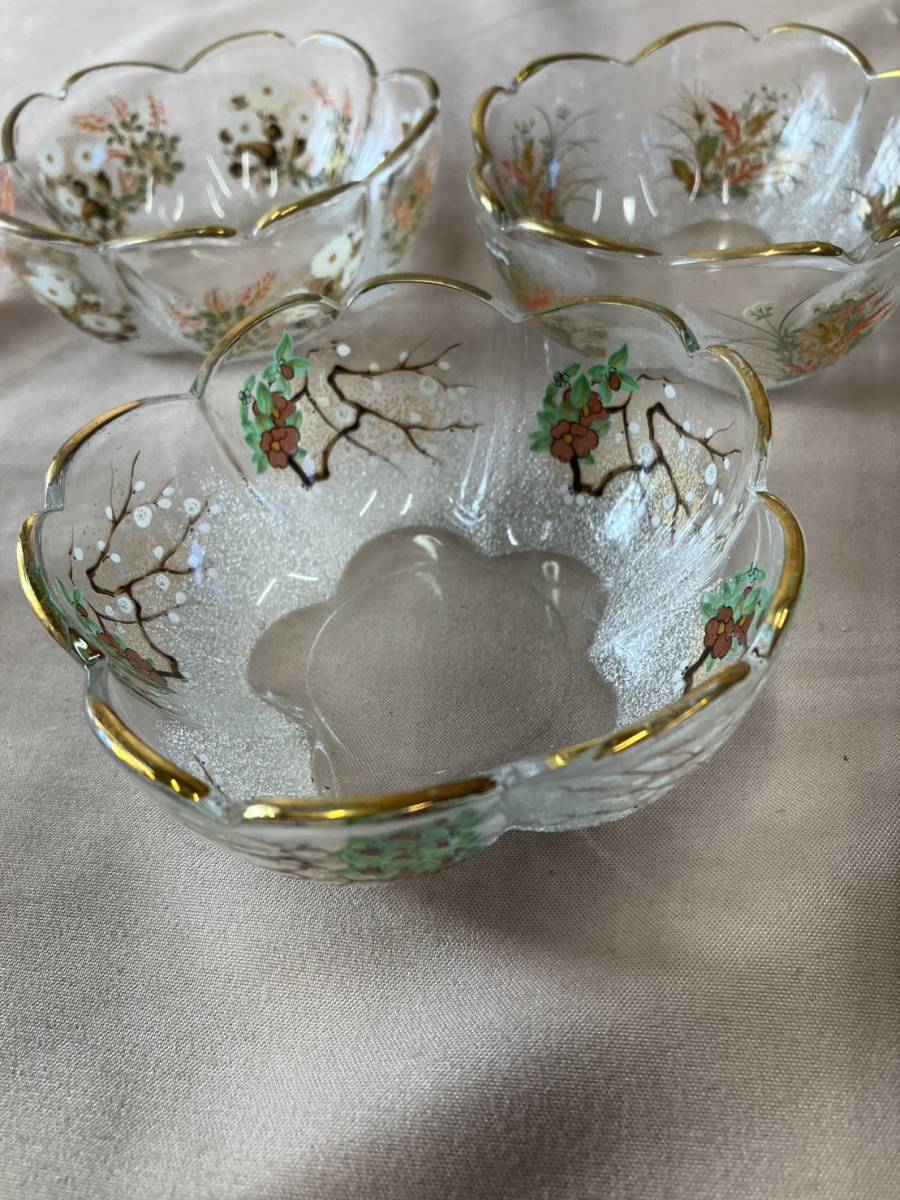 光琳絵 ファンシークラフトグラス 小鉢5個 小皿5枚 スプーン5本セット ガラスの器 金彩 花鳥 絵変 の画像4