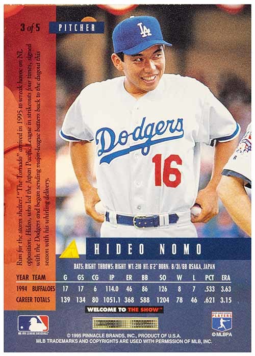 即決! 1995 野茂英雄 MLB Pinnale National Packtime カード #3_画像2