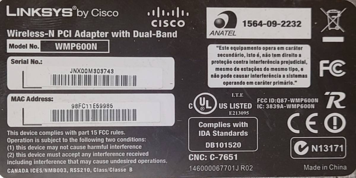 Cisco シスコ デュアルバンド ワイヤレス LAN PCI アダプター Linksys WMP600N IEEE 802.11 n/g/b/a (B)_画像3