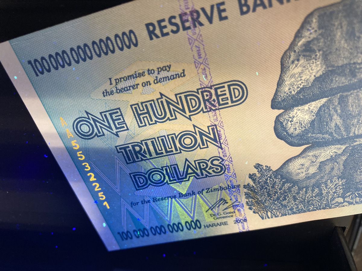 保証書付！！100兆ジンバブエドル 5枚 ジンバブエ 紙幣 ZIM BOND DOLLARS ハイパーインフレ 外貨 ズンバブエドル コレクション 高騰 J-2_2_画像4