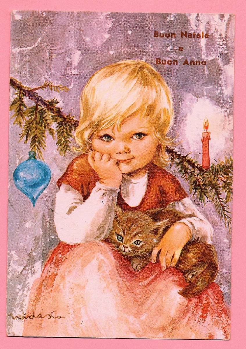 ビンテージポストカード(40)H33◆少女 猫 クリスマス ニューイヤー ネコ フランス ドイツ ベルギー イタリア イギリス 絵葉書_画像2