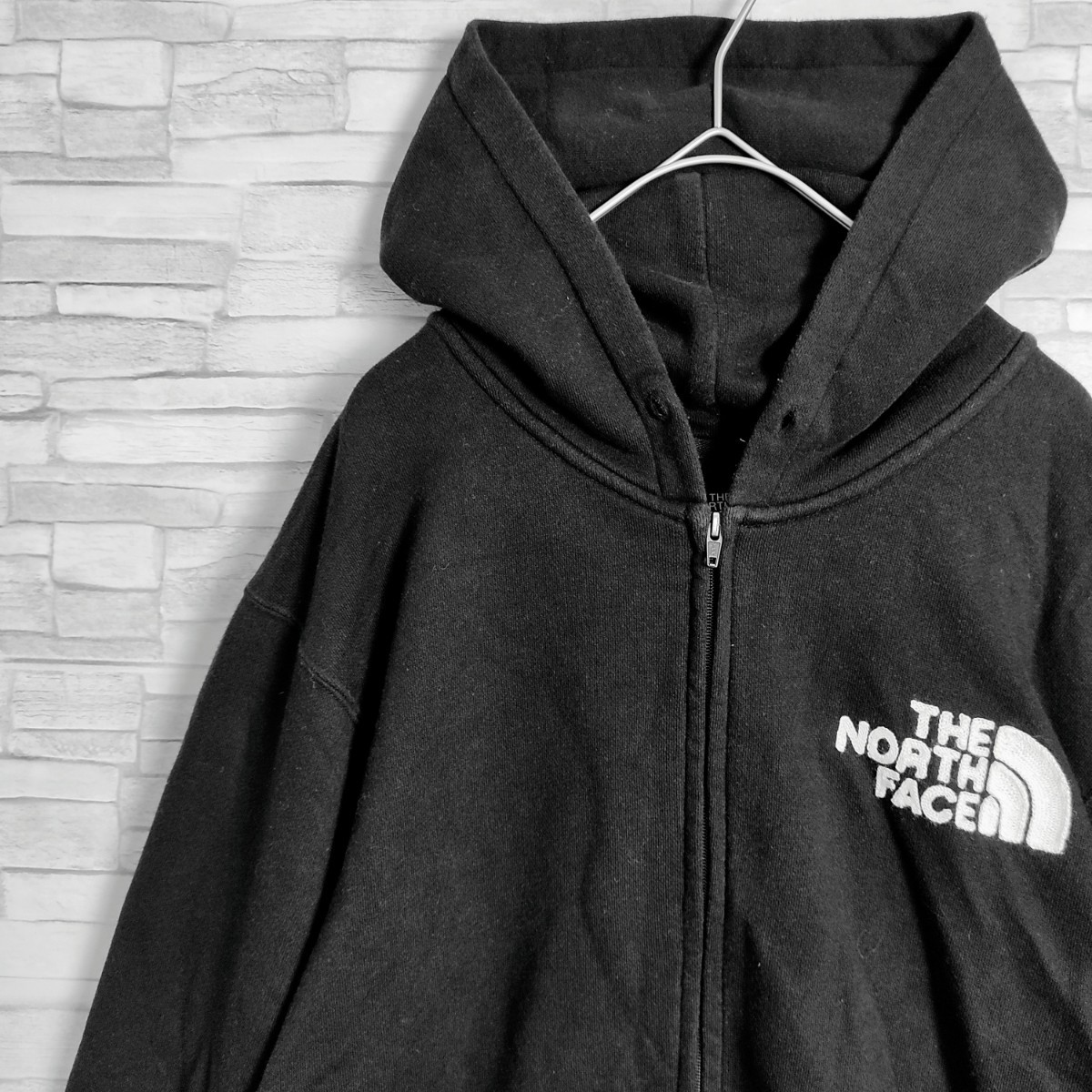 【人気】THE NORTH FACE ノースフェイス☆パイルロゴ付パーカー　M　ブラック 黒　刺繍ロゴ　フルジップ ジップアップ フーディ 薄手