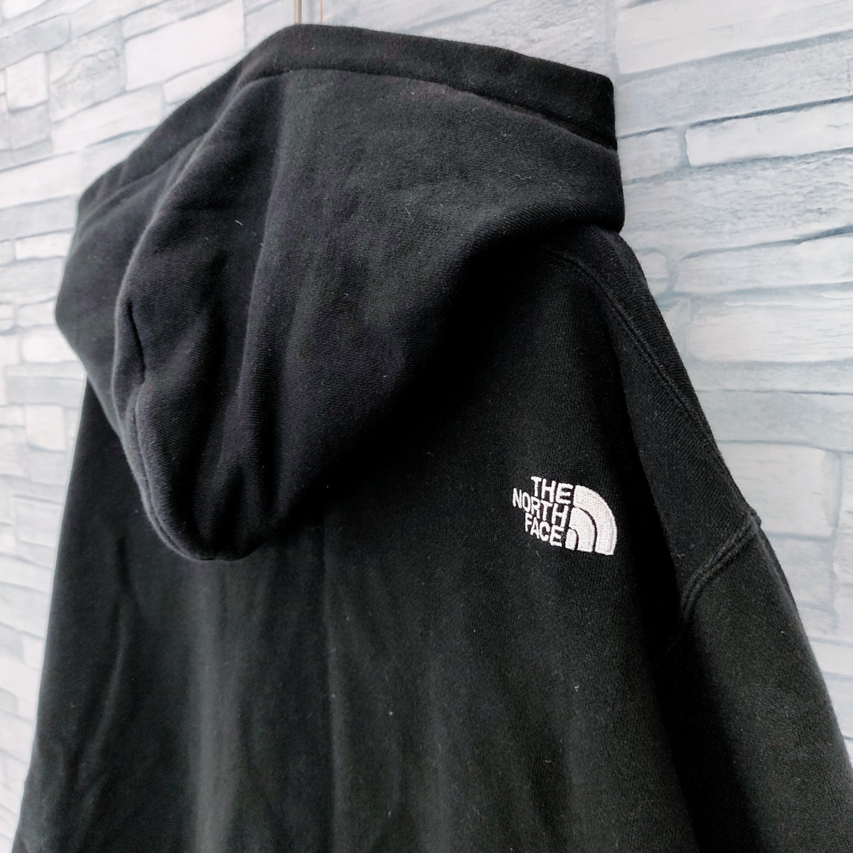 【人気】THE NORTH FACE ノースフェイス☆パイルロゴ付パーカー　M　ブラック 黒　刺繍ロゴ　フルジップ ジップアップ フーディ 薄手