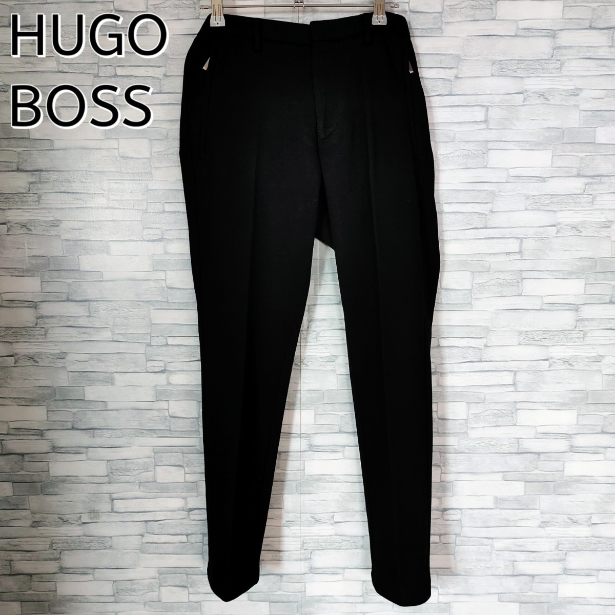 【人気デザイン】HUGO BOSS ヒューゴボス☆メタルプレートロゴ付コットンスラックス　44サイズ（S-M）BLACK ブラック 黒　カジュアルパンツ