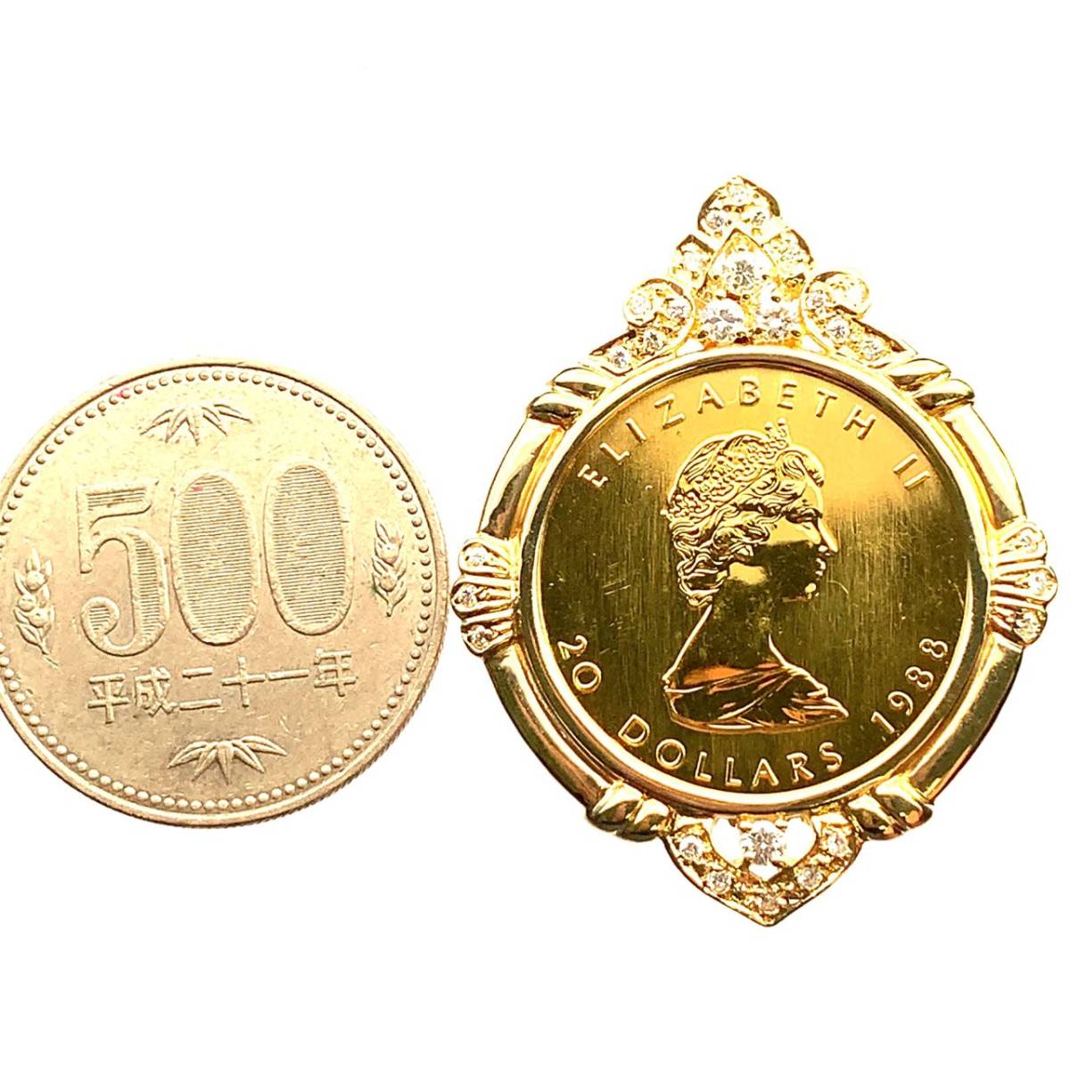 メープル金貨 カナダ エリザベス女王 1988年 K18/24 20.7g 1/2オンス ダイヤモンド コイン ペンダントトップ コレクション_画像4