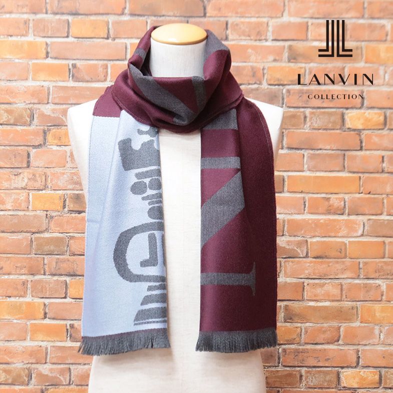 1円/LANVIN/訳 イタリア製ストール あたたか ウール100％ジャガード ロゴ レタード ユニセックス 新品/ボルドー×サックス/hf173/_画像1