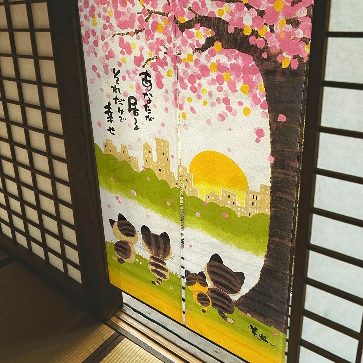  【猫プリントのれん】幸せ桜85x150cm