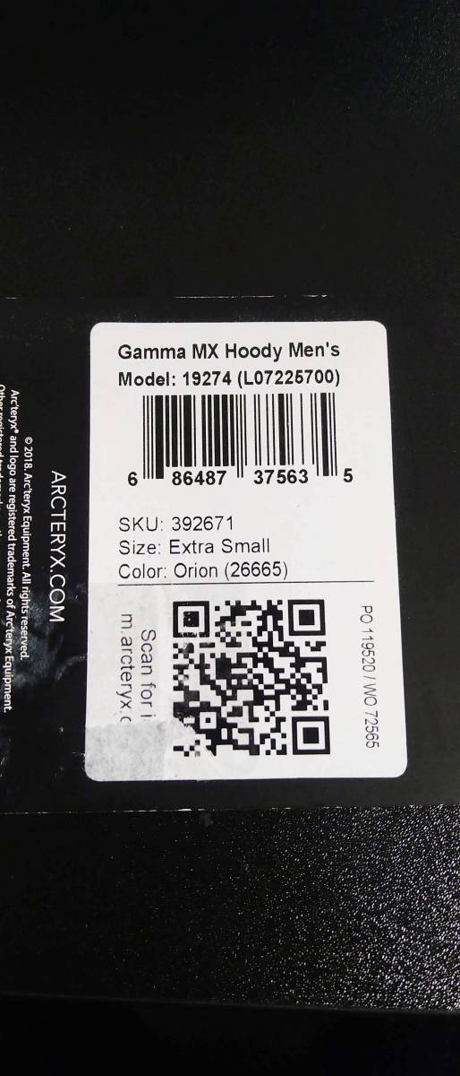 アークテリクス　Gamma MX Hoody Men's(Model：19274[L07225700])　サイズ：XS　Color：Orion　試着のみ_画像3