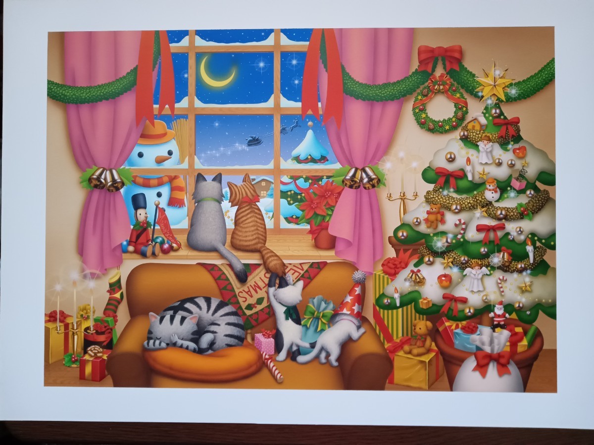 蟹江隆広　猫のクリスマス原画　_エアーブラシによる原画