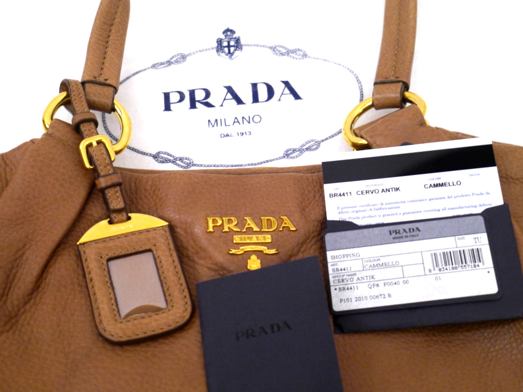 ◆PRADA プラダ CERVO ANTIK SHOPPING A4対応 ビジネス可 ショッピングトート レザー バッグ 茶◆  書類やタブレットも入れやすい万能モデル