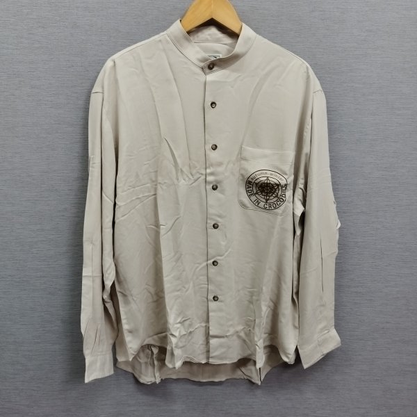 L149 CROCODILE クロコダイル ノーカラー シャツ 長袖 ボタン ポケット 刺繍 ライト ベージュメンズ サイズ L 羽織 カジュアルの画像1