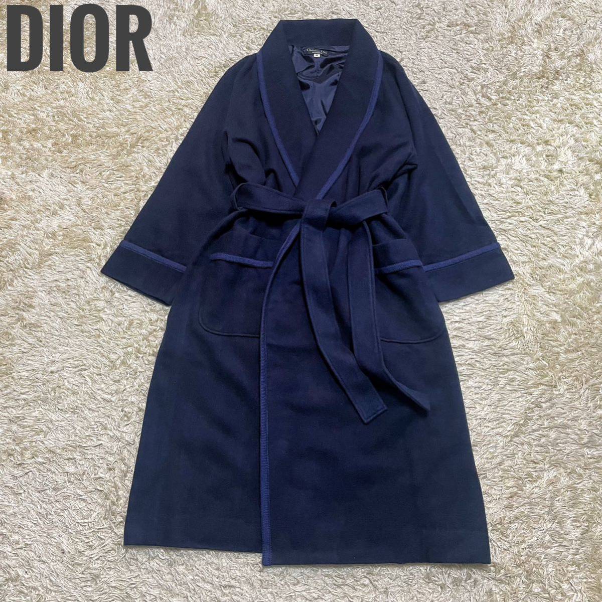 Christian Dior MONSIEUR ムッシュ カシミヤブレンド ガウンコート ベルト 紺 ネイビー 高級羽織りM