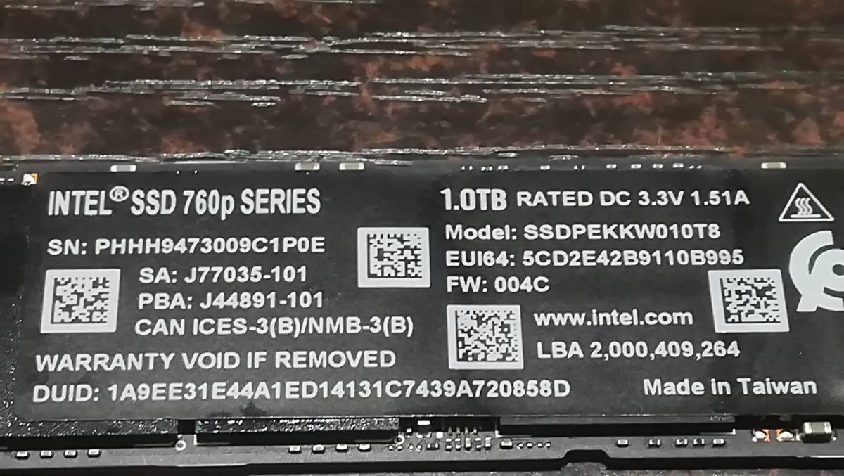 【動作品♪1TB/SSD】intel M.2 SSD 760p SSDPEKKW010T8 [1TB/1024GB] NVMe M.2_画像2