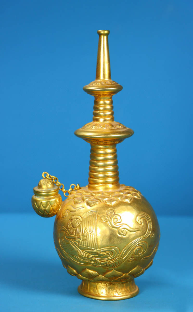 『清・古銅彫・塗金・飛天瓶』極細工 置物 古賞物 中国古玩 中国古美術