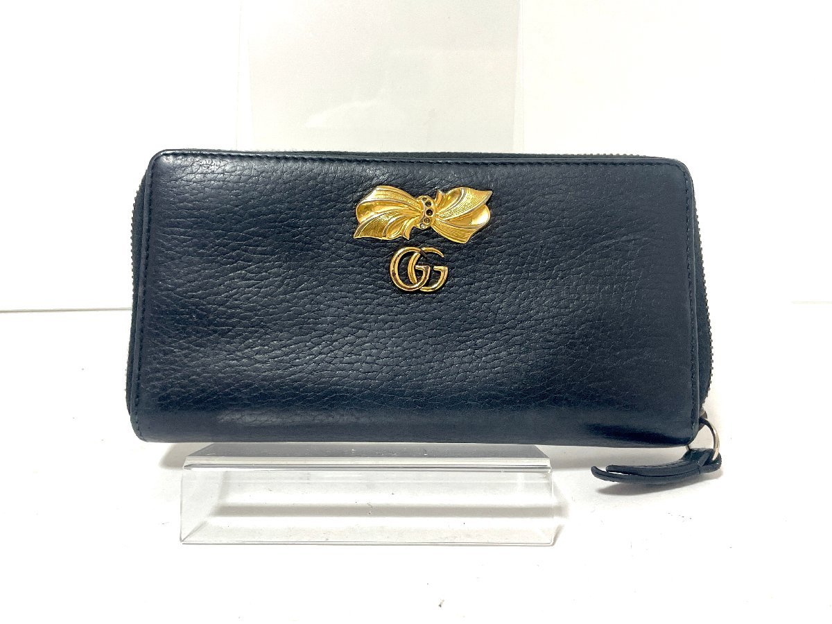 【中古】GUCCI グッチ　ラウンドジップウォレット　長財布　GGプチマーモント　グレインレザー　ブラック_画像1