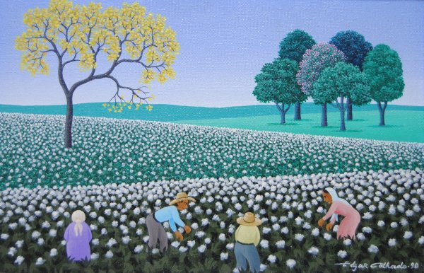 模写 エドガー カルハド Edgar Calhado 「 ALGODAO 」 綿花 収穫 肉筆 絵画 風景画 人物画 油彩画 油絵 ブラジル の 画家_画像3