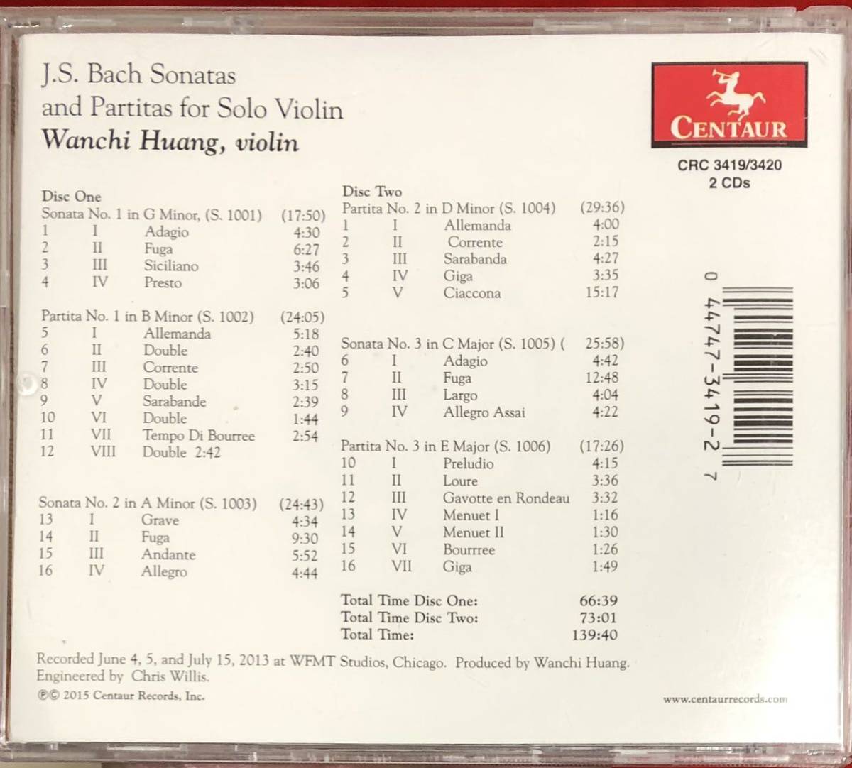 バッハ：無伴奏ヴァイオリンのためのソナタとパルティータ ワンチ・ホワン （Vn）_画像2