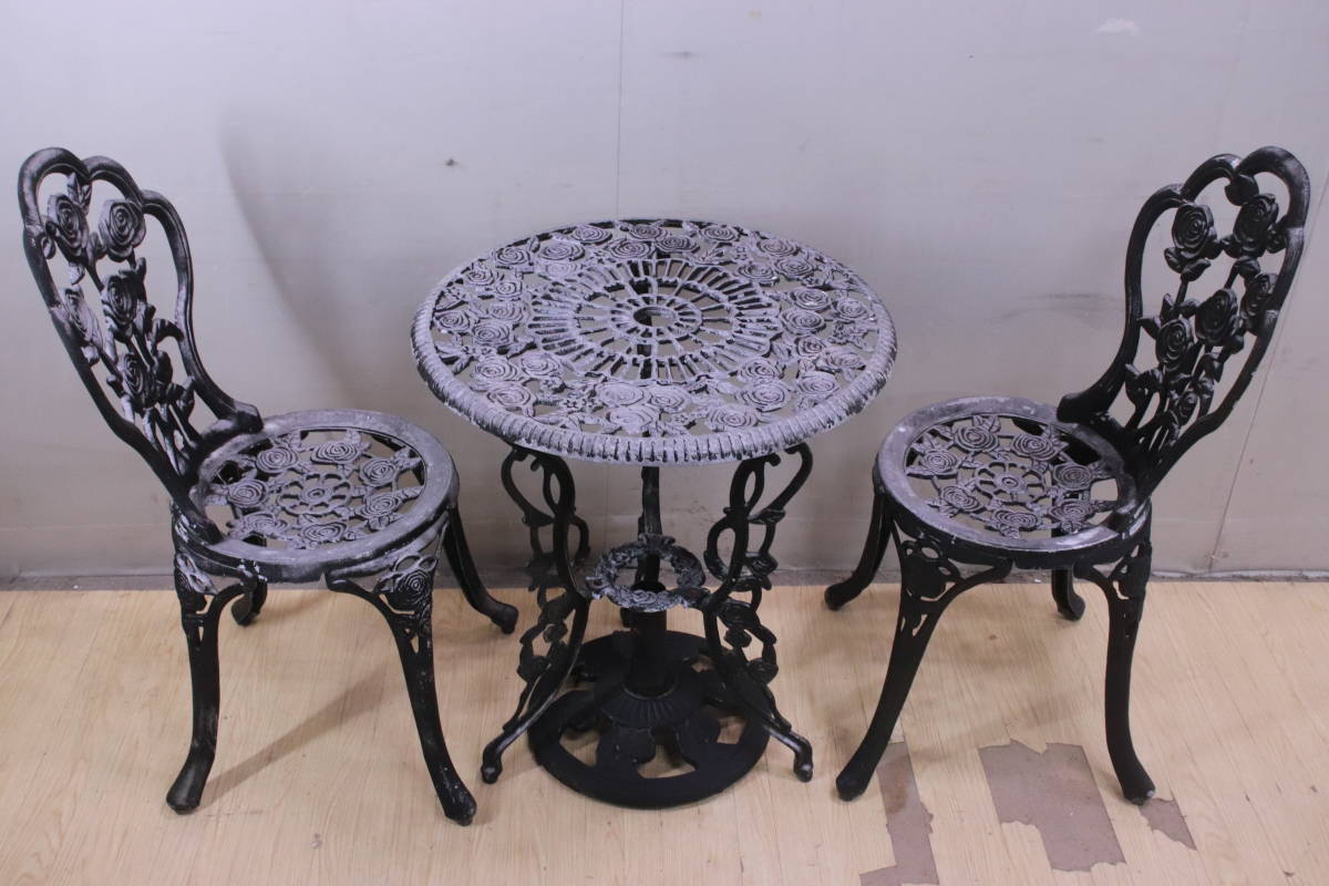  retro! garden table set garden set table + parasol stand + chair 2 legs aluminium castings antique goods scratch have #(F8637)