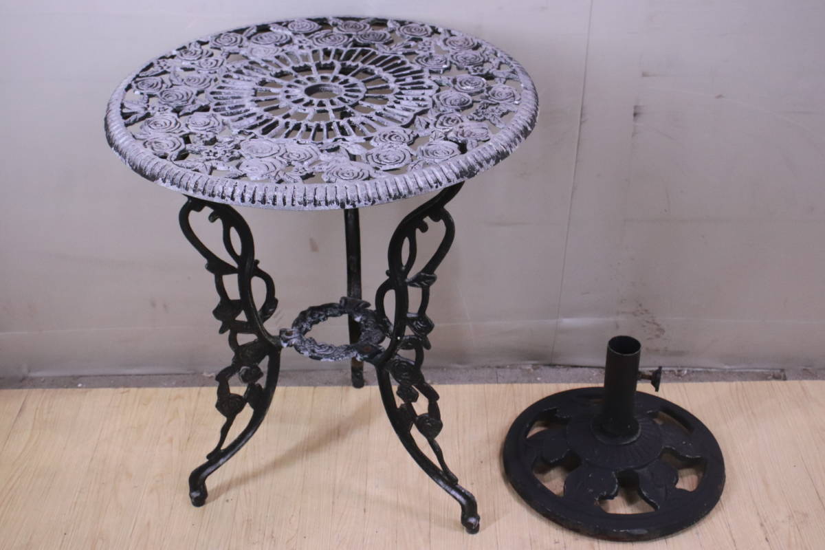  retro! garden table set garden set table + parasol stand + chair 2 legs aluminium castings antique goods scratch have #(F8637)