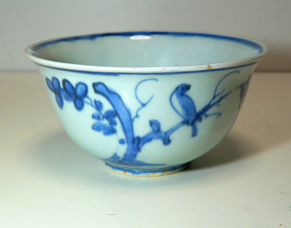 歳末バーゲン 染付碗 青花碗 明 万暦年(1573〜1620年)頃 民窯 青花花鳥紋碗 1個