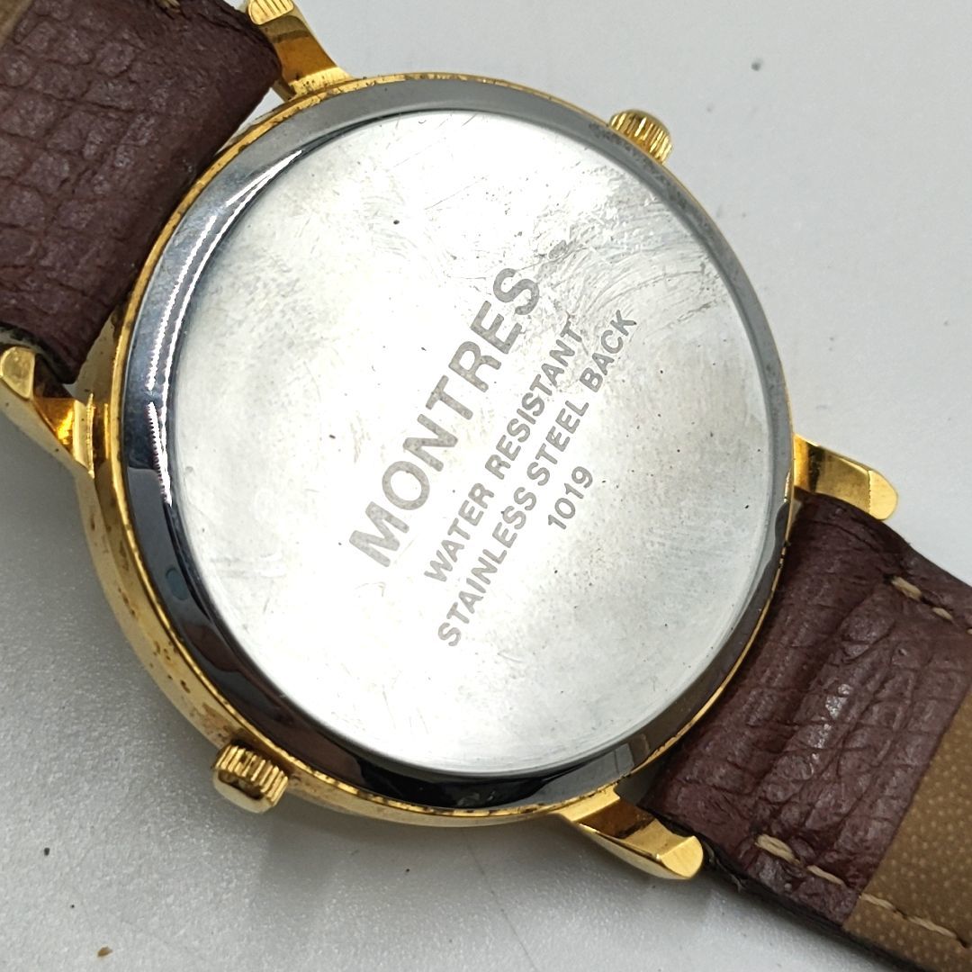 【電池切れ】MONTRES　モントレス　クォーツ腕時計　デュアルタイム　ゴールド　ラウンドフェイス　ケース：3.1　