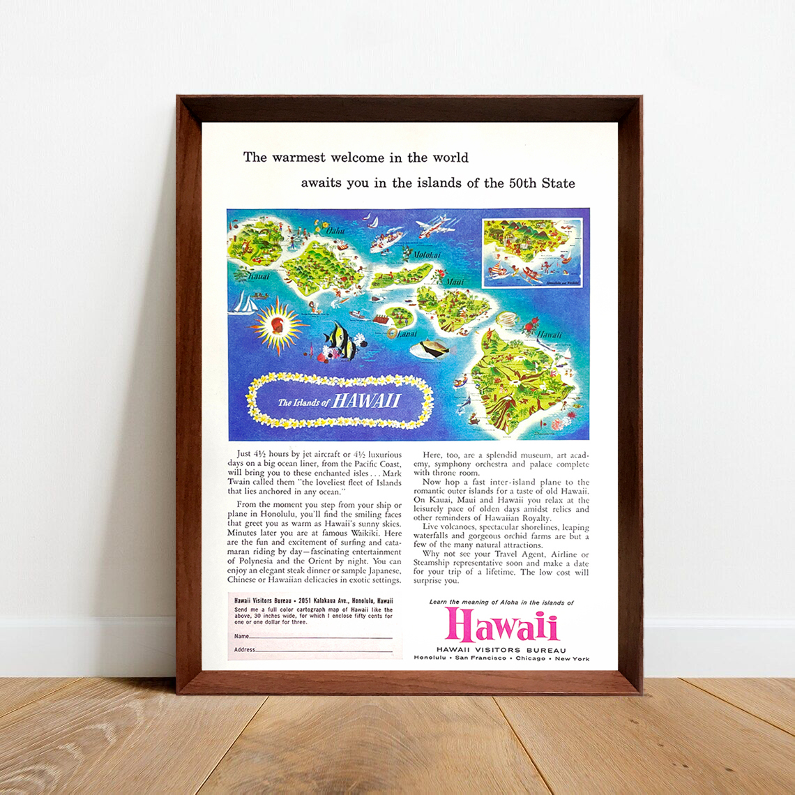 ハワイ 地図 広告 ポスター 1960年代 アメリカ ヴィンテージ 【額付】