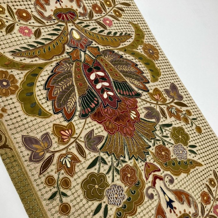 袋帯 スワトウ刺繍 全通 華 花柄 正絹 逸品 おしゃれ グリーン ベージュ 帯丈460cm 帯幅30cm y250-2382155 【Y商品】和装 着物 5_画像2