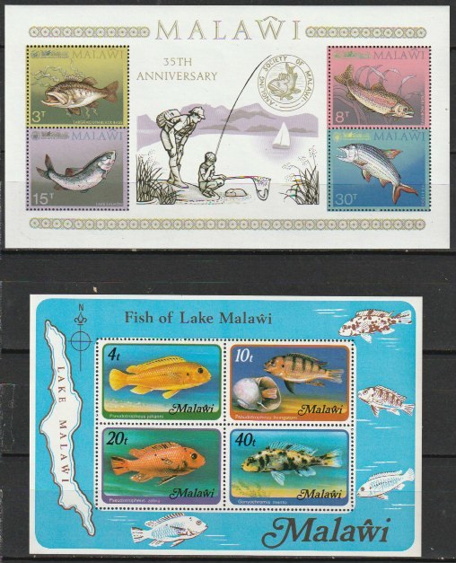 マラウイ２３　1974年～1975年（未使用記念　小型シート川魚　海魚）２種_画像1