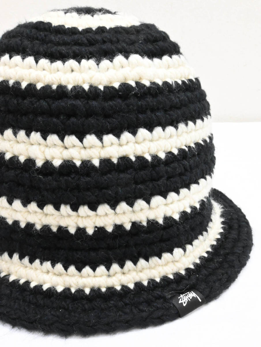 R2★良品 STUSSY ステューシー SWIRL KNIT BUCKET HAT ボーダー スワール ニット バケット ハット ブラック×ホワイト ニット帽 帽子_画像8