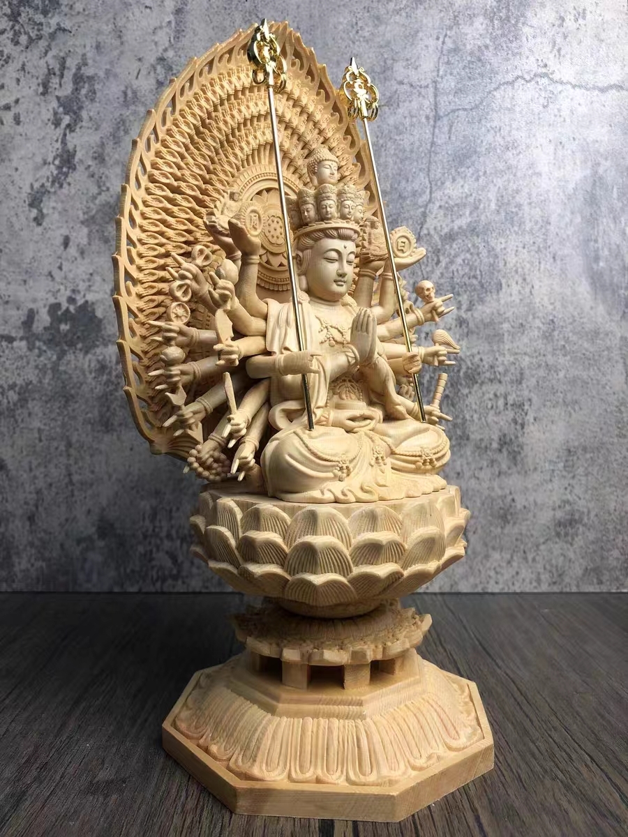 木彫仏像 千手観音菩薩 観音像 檜木 彫刻工芸品 仏師で仕上げ品_画像2