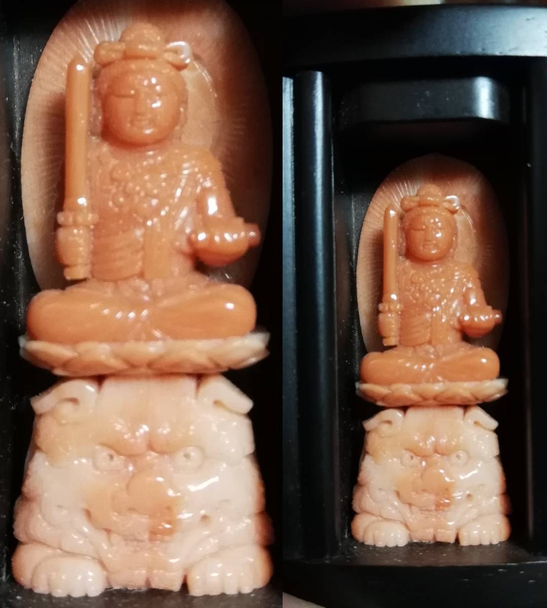 仏教美術 美術品 本珊瑚 紅珊瑚 文殊菩薩 獅子 一本彫り