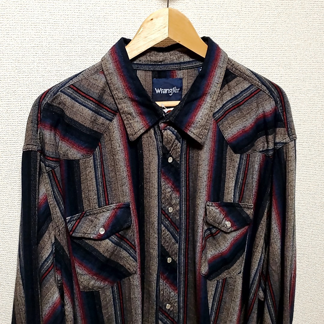 B73◆ラングラー Wrangler 長袖 ウエスタンシャツ size4X ストライプ ネイティブ柄 中古 USED 古着 ビッグサイズ オーバーサイズ_画像2