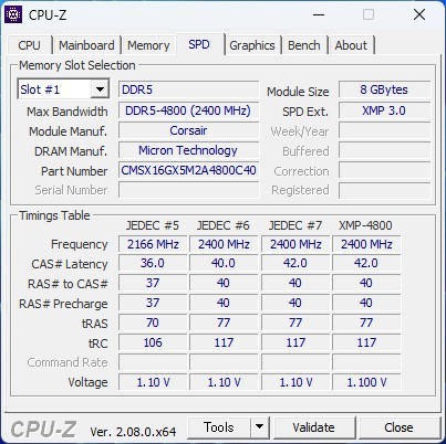 MA08-2【動作品】Corsair DDR5-4800 8GB×1枚【送料無料】PC5-38400 ノートＰＣ用 CMSX16GX5M2A4800C40_画像2