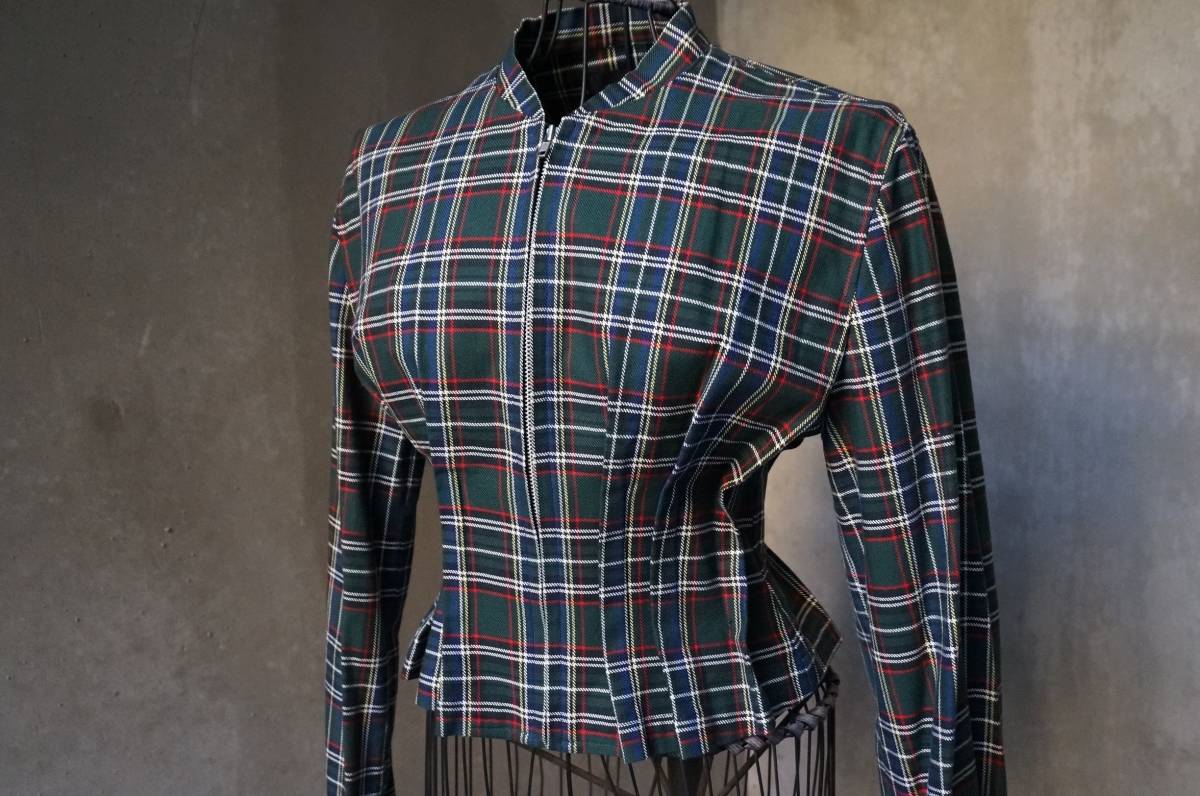 美品 1990 ジュンヤワタナベ tricot COMME des GARONS 緑 グリーン タータンチェック ジップ シャツジャケット M相当_画像5