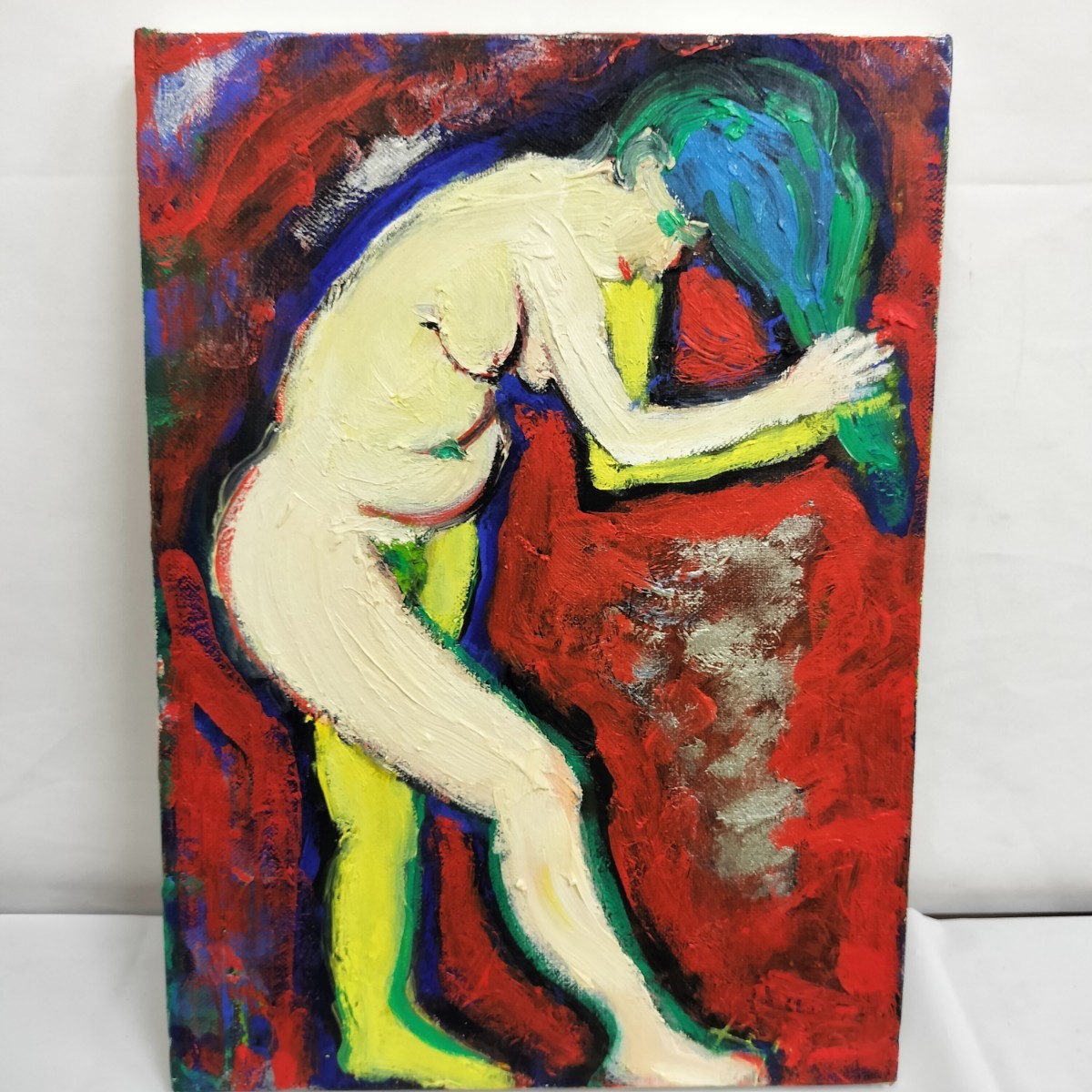 【真作】田中恵子 油絵「髪を梳くひと」2004年作 日本美術家連盟会員 箱無し 額装 裏側サイン 印 有り 33×24 裸婦_画像2