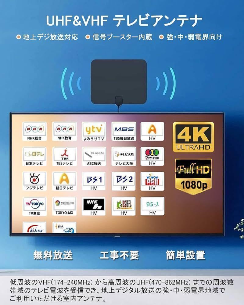 室内アンテナ 4K HD アンテナ 地デジ デジタル テレビ ブースター 地上波 信号 受信 部屋 車載 ケーブル 屋内 車中泊 アウトドア キャンプ_画像2