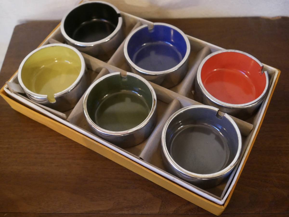 ◆剣持勇【Tower Ashtray】6点セット 70's USED品 共箱 重ね灰皿 佐藤商事 小物入れ タワーアッシュトレイ 検/天童木工 柳宗理 昭和レトロ _画像1