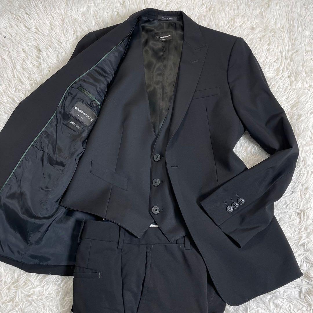 1円◆極美品◆スリーピース エンポリオアルマーニ EMPORIO ARMANI DAVID スーツ セットアップ 3ピース ビジネス メンズ L 黒 ブラック 1B_画像1