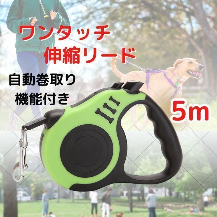 伸縮リード 犬用 緑 グリーン 自動巻き取り ロック付き 5ｍ 散歩 ペット用品_画像1