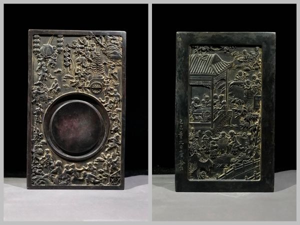 古びた蔵『清代 端石彫り 百子図文房端渓硯 唐翰題銘』極細工 文房具 書道具 古賞物 古美術 中国古玩
