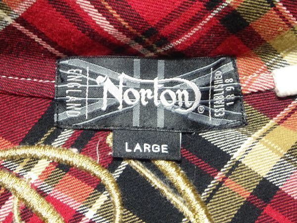 ★良品♪Norton★ロゴ刺繍入り長袖チェックシャツジャケットL/赤ノートンメンズパーカーブルゾンジャンパーフーディー_画像6