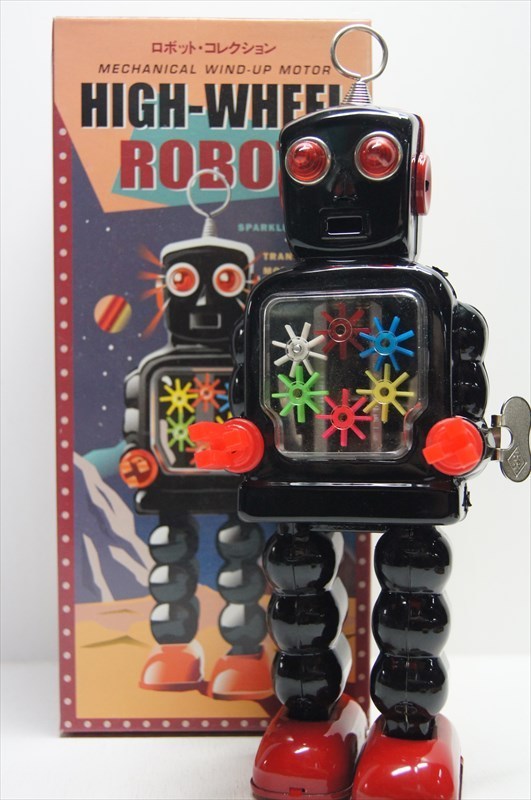 HAHA TOY HIGH-WHEEL ROBOT ブラック ブリキ ゼンマイ式 復刻版 ハイホイール ロボット コレクション 箱付 雑貨