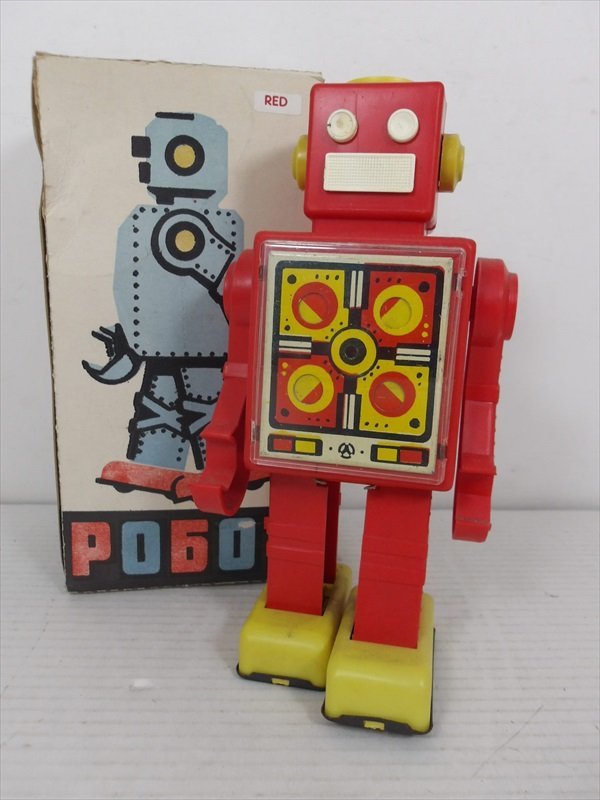 [珍品]ロシア製 ゼンマイ式 ロボット レッド プラ製 2足歩行 1970年代 当時物 箱付き ビンテージ レトロ玩具 雑貨