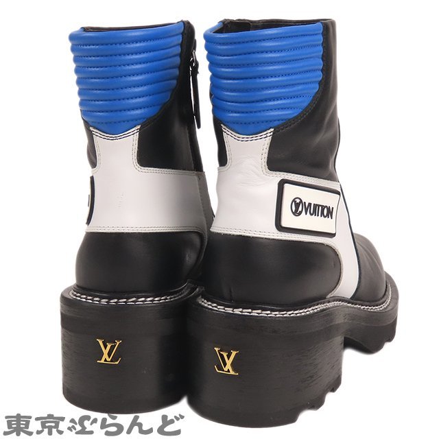 101705402 ルイヴィトン LOUIS VUITTON ボブール アンクルブーツ ブラックxホワイトxブルー レザー サイドジップアップ 38 レディース_画像4