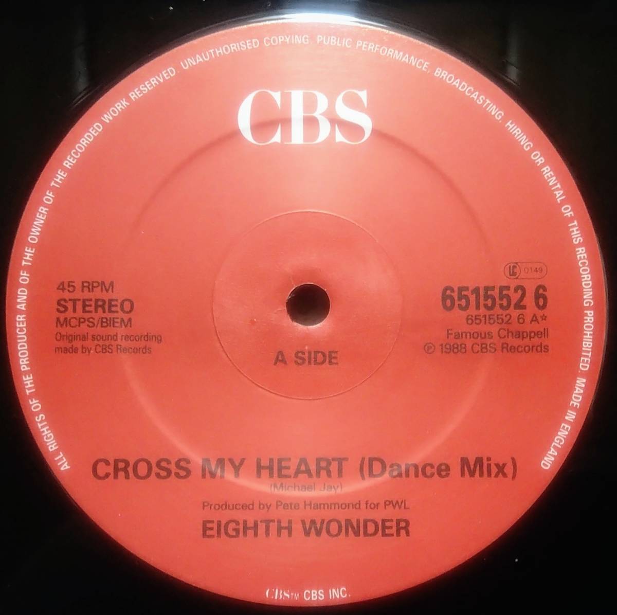 【12's Euro Beat】Eighth Wonder「Cross My Heart (Dance Mix)」オリジナル UK盤_Side1