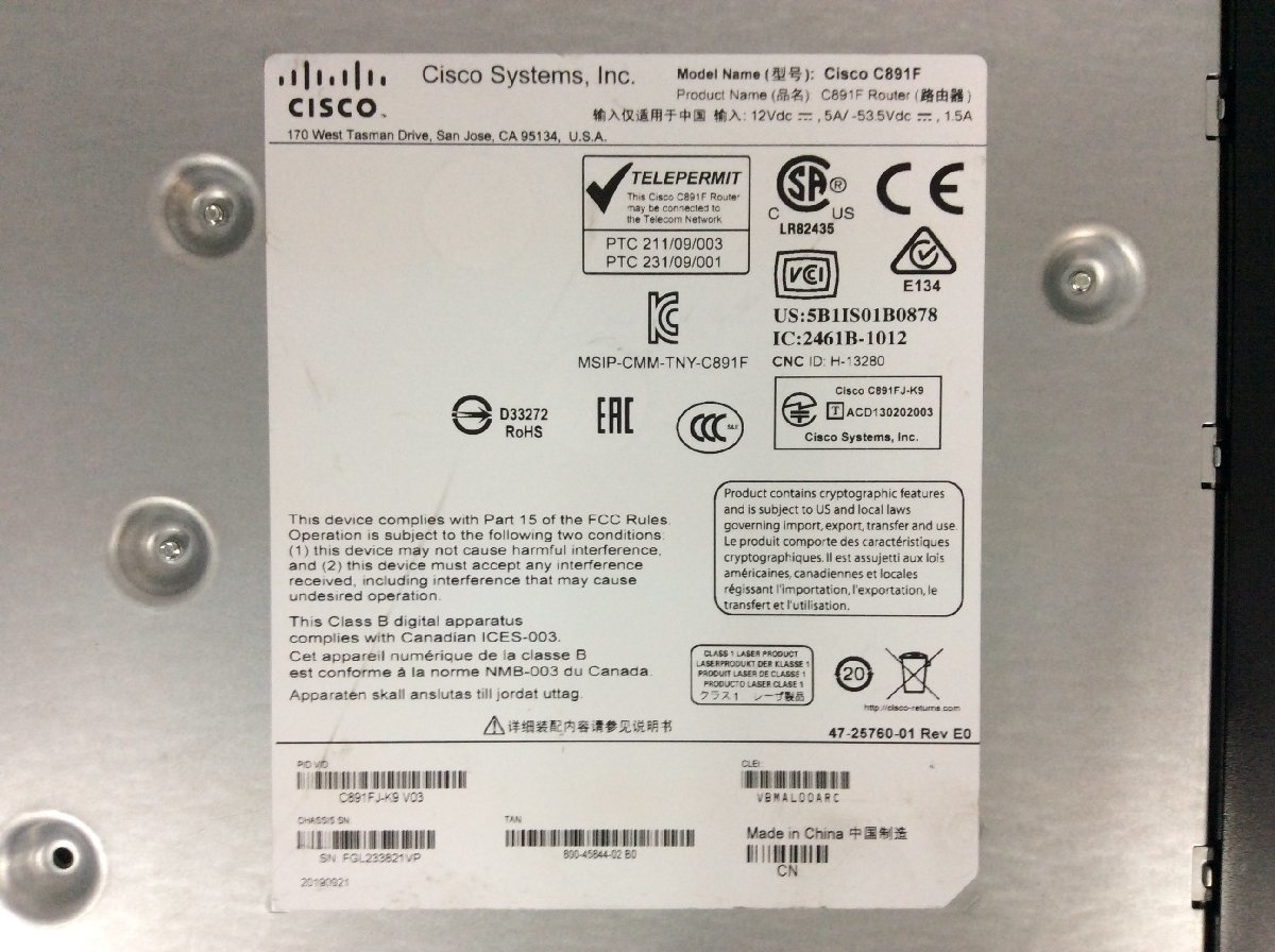 初期化済み CISCO/シスコ C891FJ-K9 Cisco890シリーズ サービス統合型ルータ 搭載OS Version 15.3(3)M7 ※ACなしの画像6