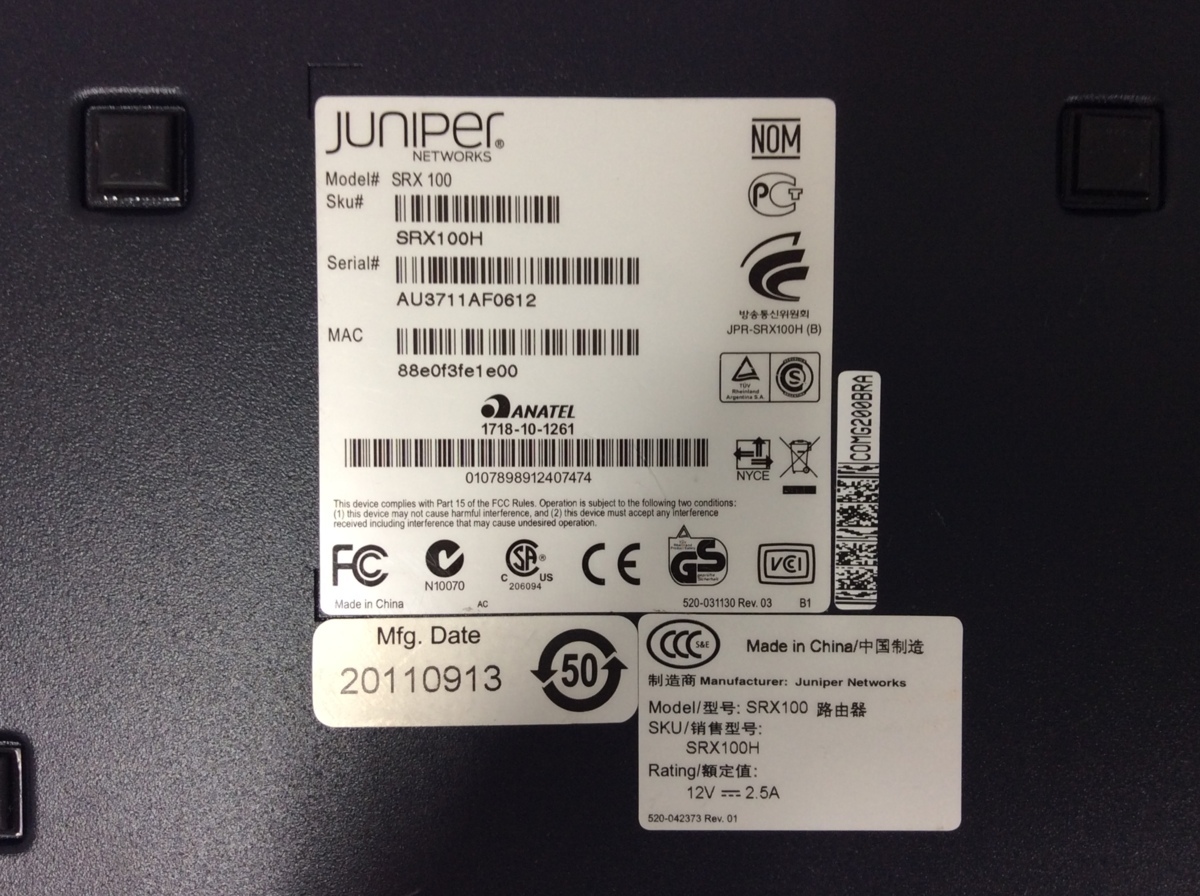 初期化済み Juniper Networks SRXシリーズ SRX100 搭載OS Version 12.3X48-D25.3 ※ACアダプタなし_写真は使いまわしております