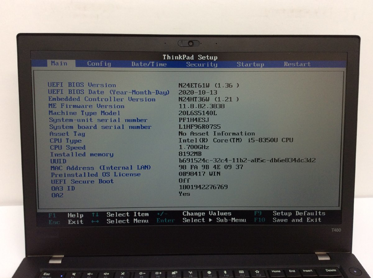 LENOVO 20L6S5140L ThinkPad T480 Intel Core i5-8350U メモリ8.19GB ストレージ無し OS無し【G17938】_画像5