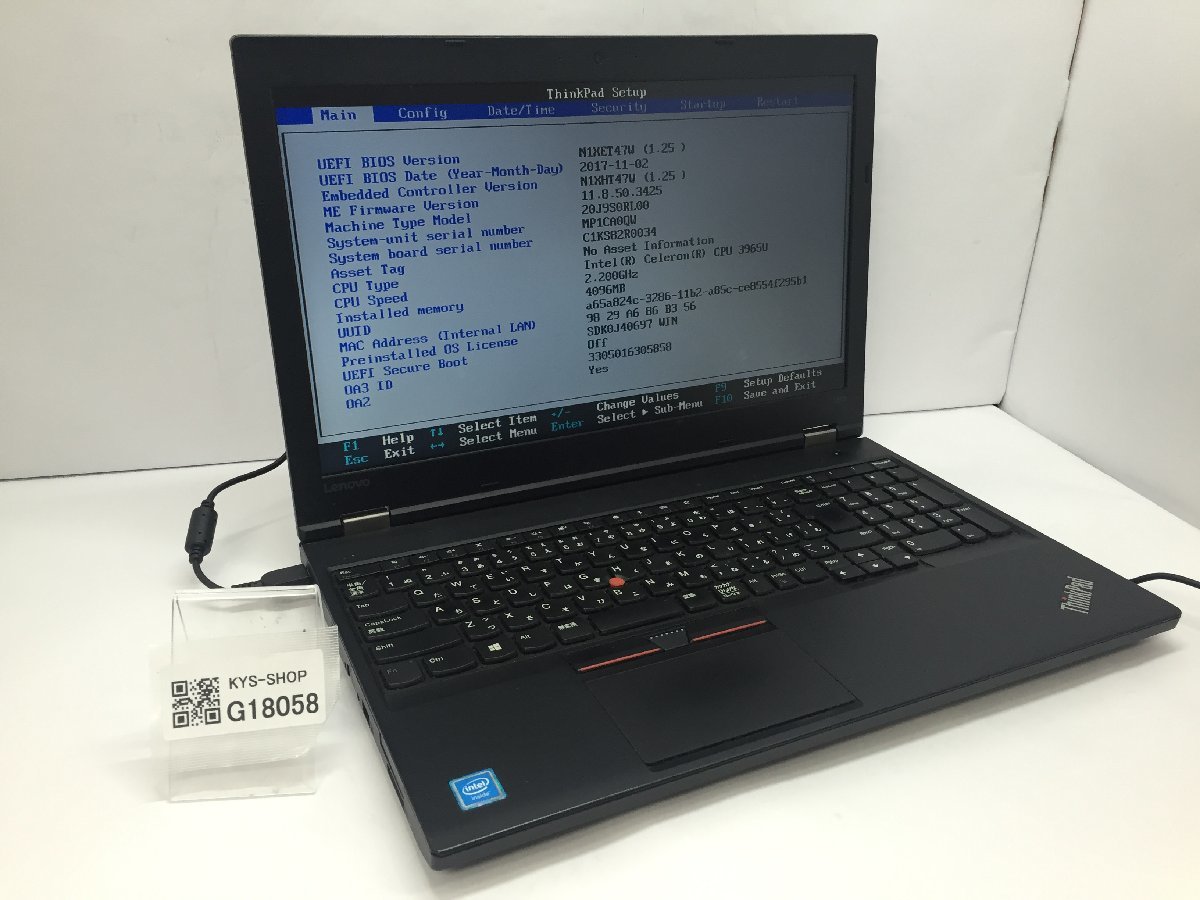 LENOVO 20J9S0RL00 ThinkPad L570 Intel Celeron 3965U メモリ4.1GB HDD500.1GB OS無し【G18058】_画像1