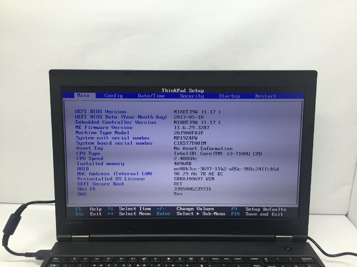 LENOVO 20J9A0FDJP ThinkPad L570 Intel Core i3-7100U メモリ4.1GB SSD128.03GB OS無し ACアダプター欠品【G18147】_画像5